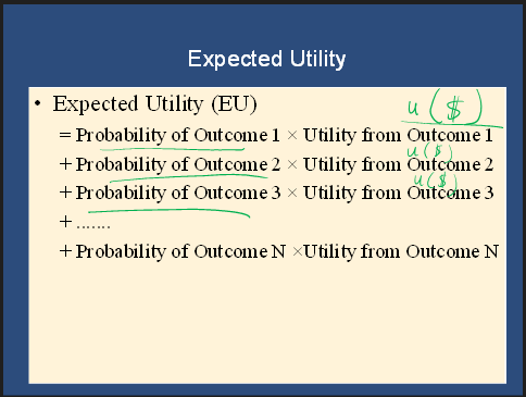 Expected Utility formula: EU equals sum of probability of each outcome times utility from that outcome