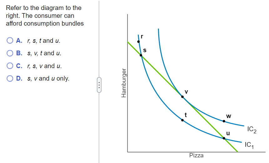 MC question with diagram: Which consumption bundles can the consumer afford, showing budget constraint and indifference curves for Pizza and Hamburger