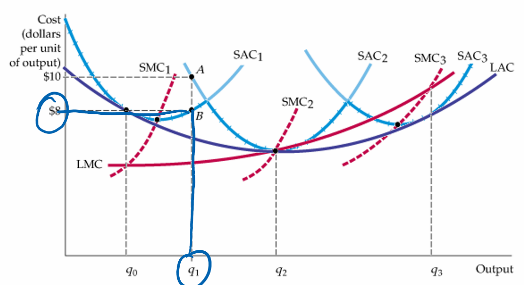 Cost diagram showing SAC1, SAC2, SAC3 curves with LAC envelope curve, marking 10 dollar and 8 dollar cost levels at output q1