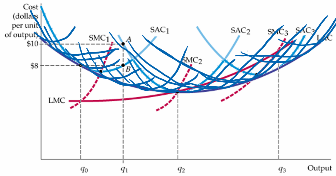 Cost diagram showing multiple SAC curves with a smooth LAC envelope curve and LMC curve, illustrating infinite possible factory sizes