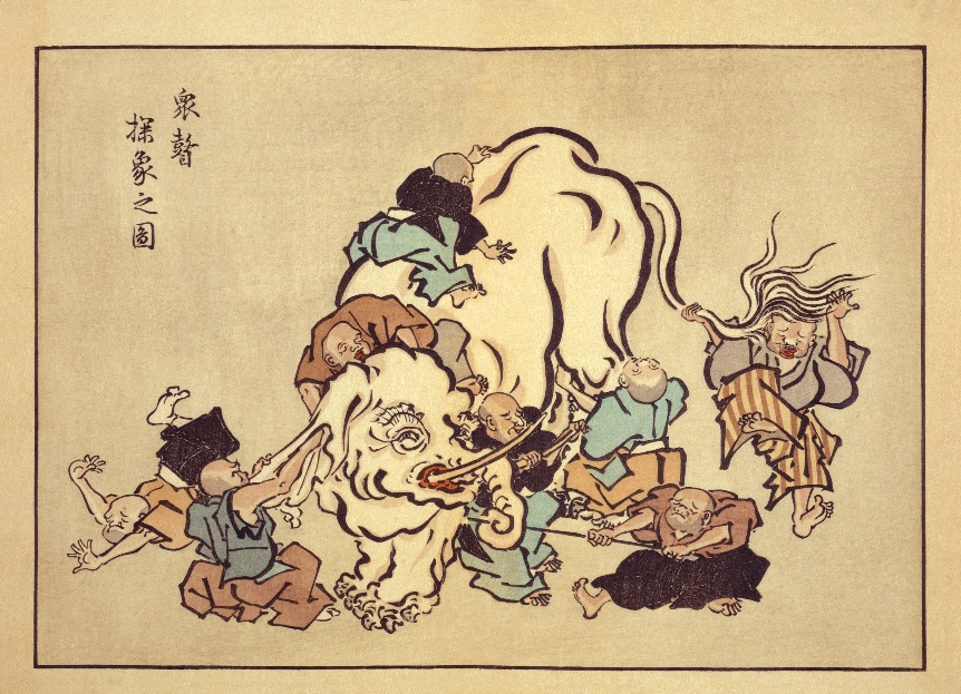 Blind monks examining an elephant, a Japanese ukiyo-e print by Hanabusa Itcho. Six blind men each touch a different part of the elephant, illustrating how Returns to Scale, Economies of Scale, and Economies of Scope each capture different aspects of how bigger is better.