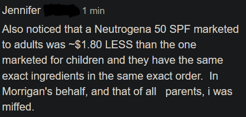 Student message noting Neutrogena 50 SPF marketed to adults was about $1.80 less than the one marketed for children, with identical ingredients in the same order