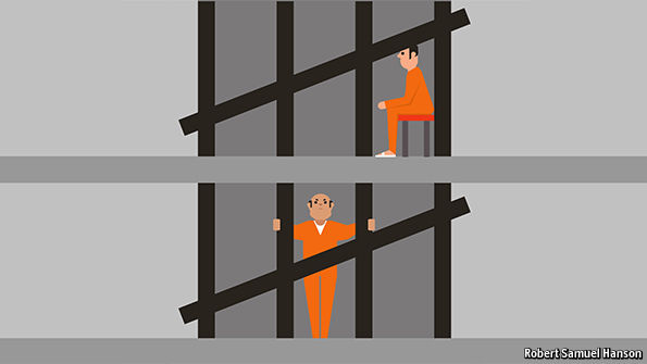 Stylized illustration by Robert Samuel Hanson of two prisoners in orange jumpsuits in separate gray cells with dark bars, one seated above and one standing below, symbolizing the classic prisoner's dilemma from game theory.