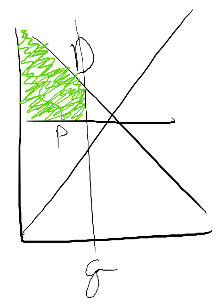 Hand-drawn supply and demand diagram with green shaded area showing Consumer Surplus: the area under the demand curve, above the price P, to the left of quantity Q