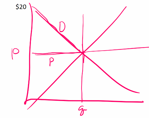 Hand-drawn continuous demand curve with P on the vertical axis and Q on the horizontal axis. The curve slopes downward from left to right, with a price of $20 marked at the top, showing that one person (Alice) has a willingness to pay of $20.